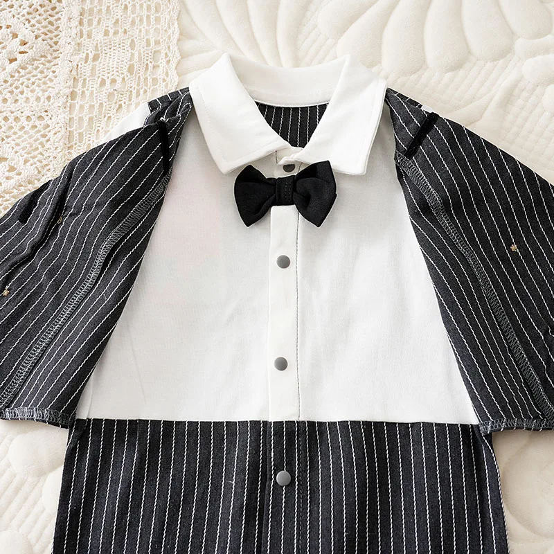 الخريف 100% القطن 0-18 أشهر الوليد محبوك العمودي شريط رمادي داكن ملابس أطفال نيسيي شهم بوي الطفل بذلة كول