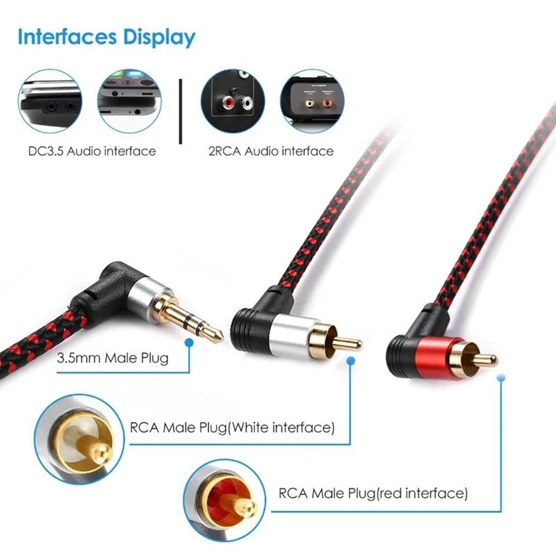 90 Degree 3.5mm Male to 2 RCA Male Cable Right Angle Stereo AUX Y Splitter Cord Microphone Jack Plug for Laptop 1M