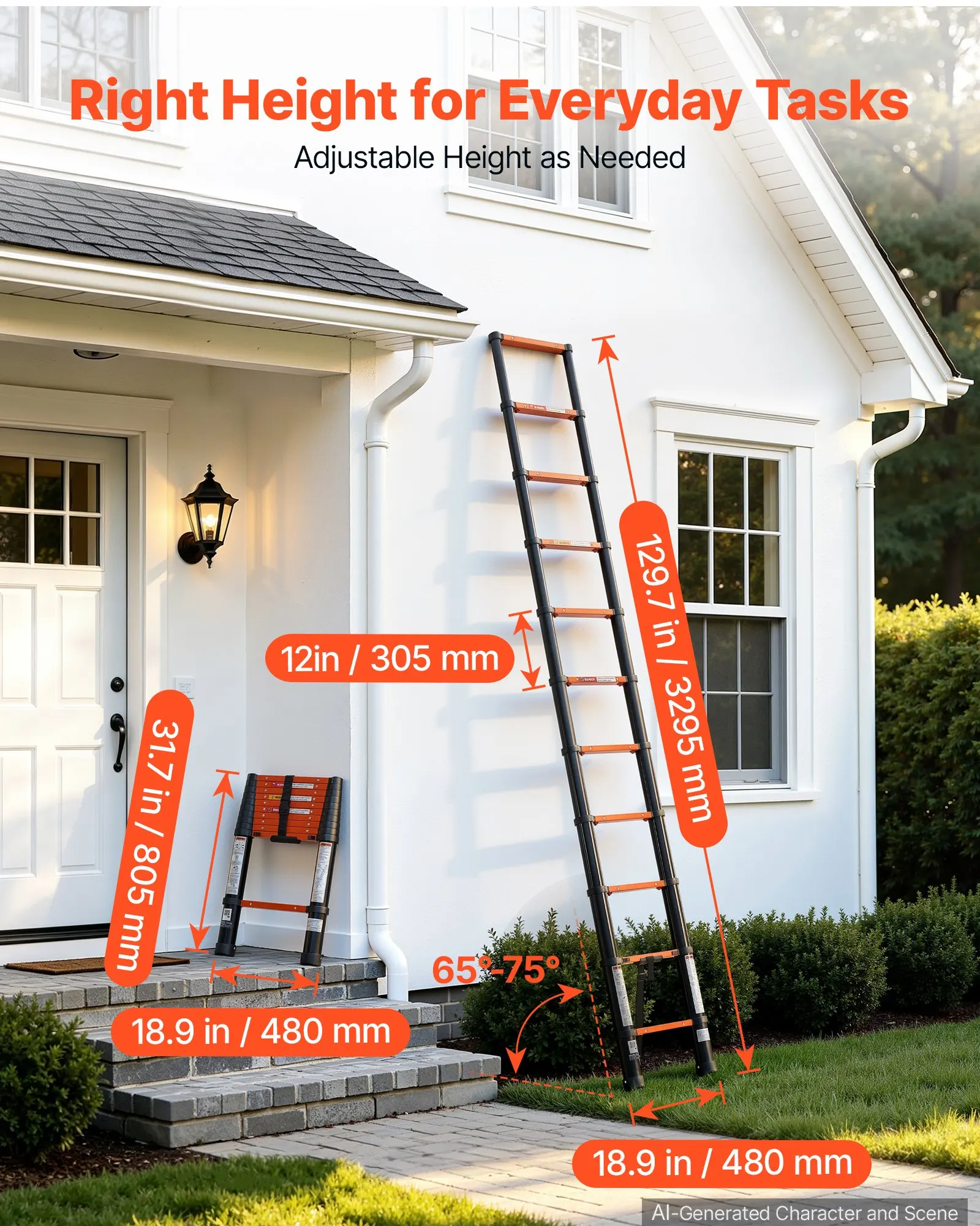Telescoping Ladder, 10.5 ft Extension Ladder One-Button Retraction, Heavy-Duty 330 lbs Capacity, Painting, Window Cleaning and RV, Aluminum, Anti-Slip Steps, Orange & Black, Designed for Home Repairs