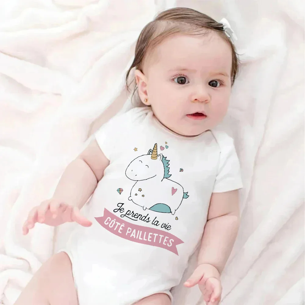 I Take Life on The Glitter Side Unicorn French Print Baby Bodysuit Funny Infant Putfit Cute Newborn Short Sleeve Romper Jumpsuit