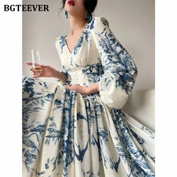 BGTEEVER Vintage Puff Sleeve Women Floral Dress Spring Autumn V-neck Slim Waist Female Chiffon Dress French Ladies Vestidos