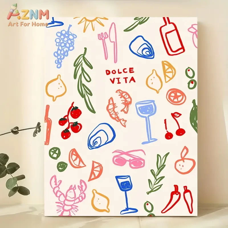 AZNM Dolce Vita Italian Food Wine Canvas Wall Art, Hand Drawn Mediterranean Doodle Unframed Poster for Kitchen Decor