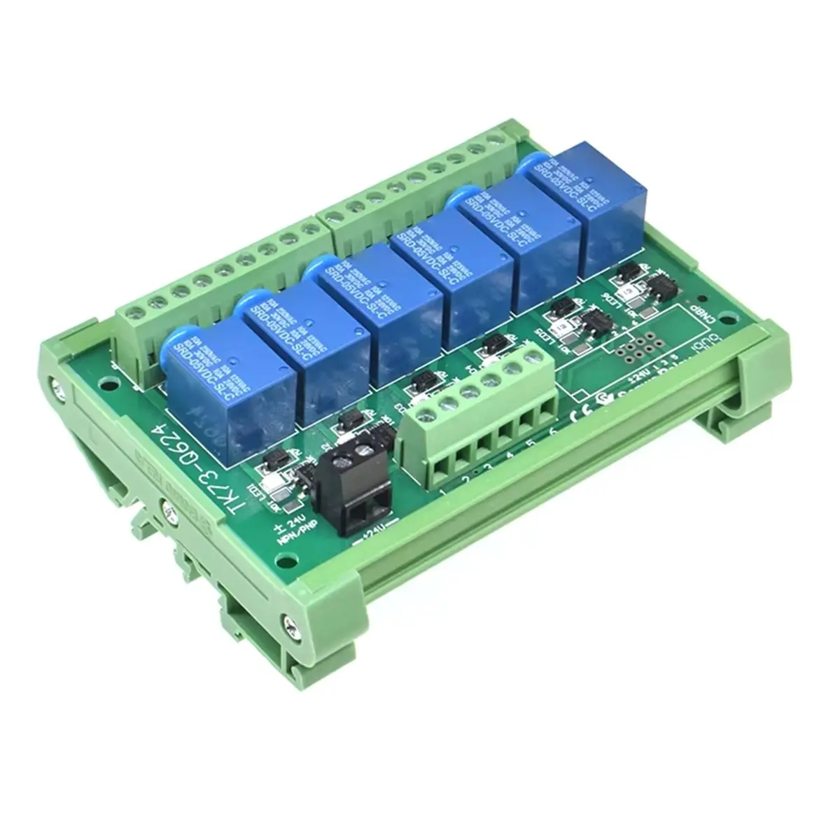 6-Channel Relay Modules, DIN Rail Mounting, Models SRD-05VDC-SL-C 10A Current, 12V Output Voltage, PNP Circuit
