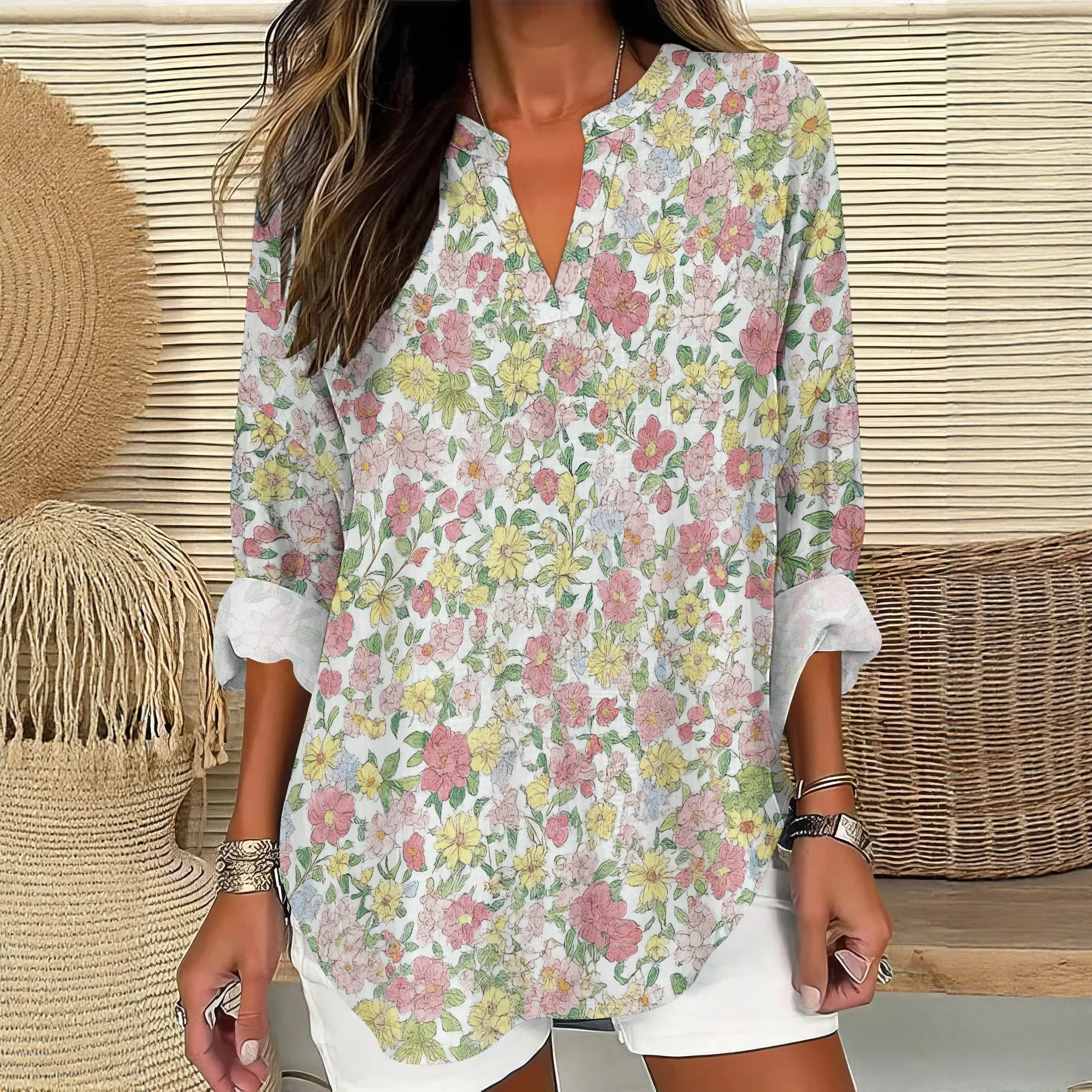 Women's Summer T Shirt V Neck Casual 3/4 Sleeve Fashion Geometric Print Loose Comfortable Regular Basic T Shirt