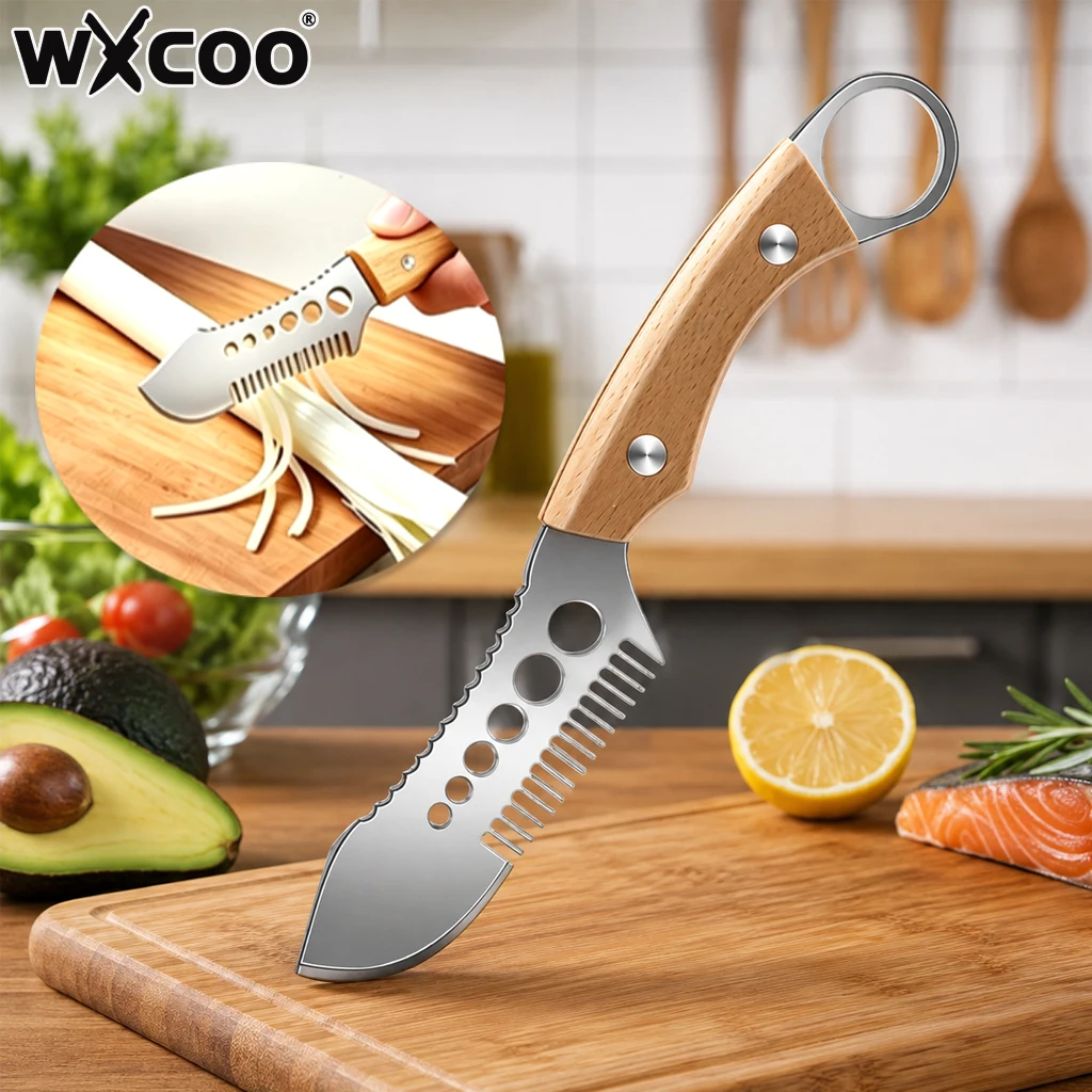4-in-1 Multifunctional Scallion Slicer Onion Cutter Herb Parsley Cutter with Wooden Handle Stainless Steel Vegetable Peeler Tool