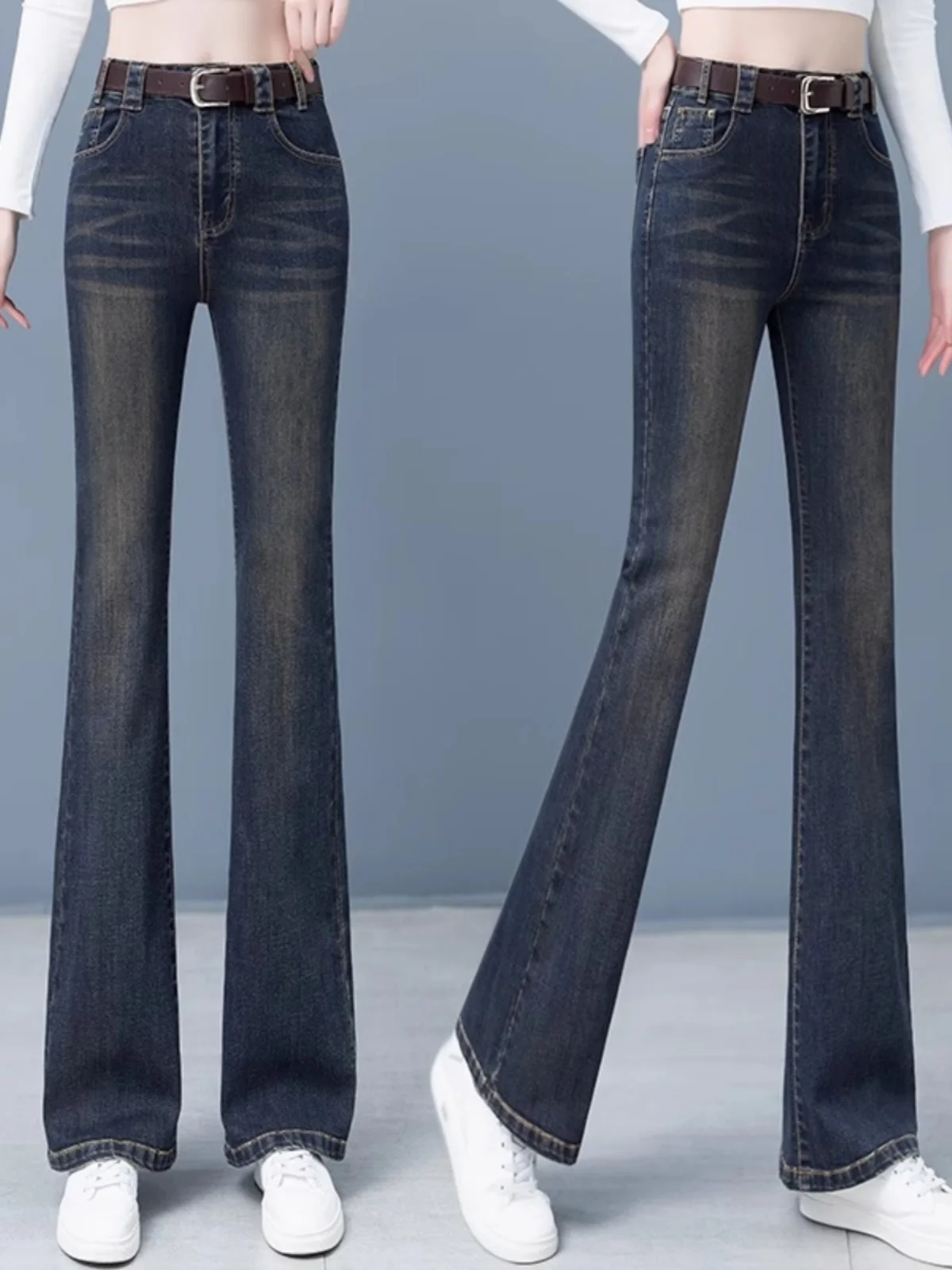 

Women's Fce Lined Flared Jeans High Waist Slimming Elastic Bootcut Retro Hoof Pants Long Pants Deep Color