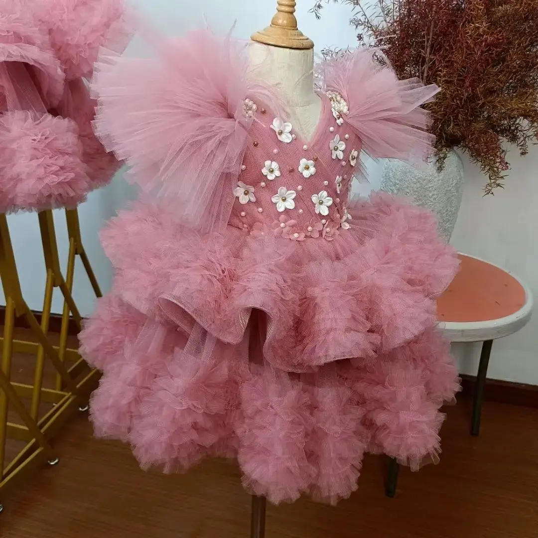 

Ball Gown Pink Flower Girl Dresses for Wedding Appliques Beads Kids Birthday Gowns Tiered Ruffles Little Girls Pageant Dresses