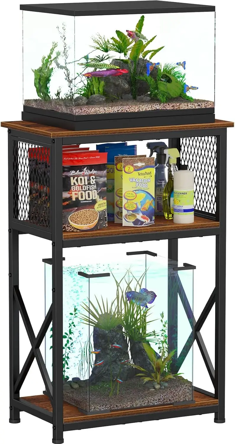 

3-Tier Heavy Metal Aquarium Stand with Storage, Holds 5-10 Gallon Fish Tanks, Rustic Brown Finish