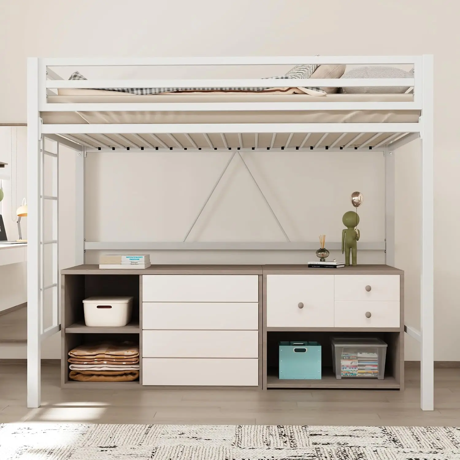 Twin Size Metal Loft Bed Guardrail Ladder White Small Space Saving Design Bedroom Kid Room Dorm No Box Spring Needed