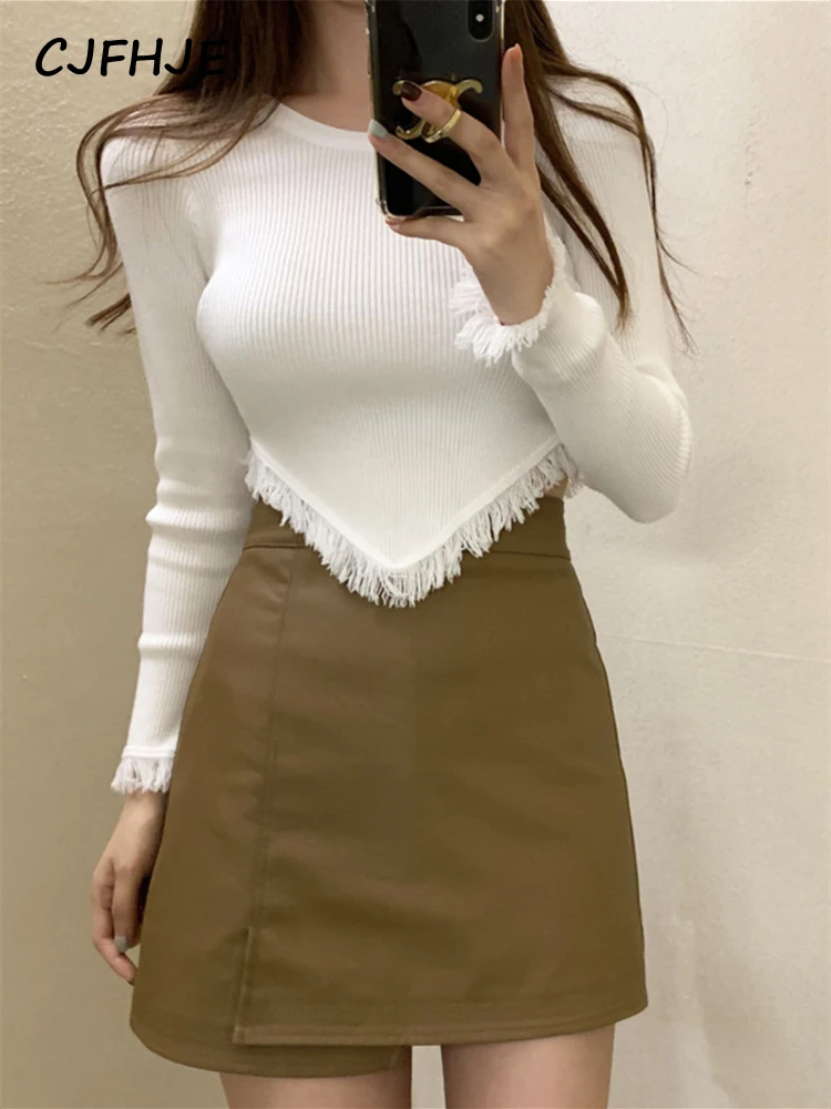 Cjfhje Onregelmatige Zwarte Koreaanse Mode Vintage Trui Vrouwelijke Grijze Kwastjes Breien Truien Vrouwen Herfst Winter Witte Korte Tops