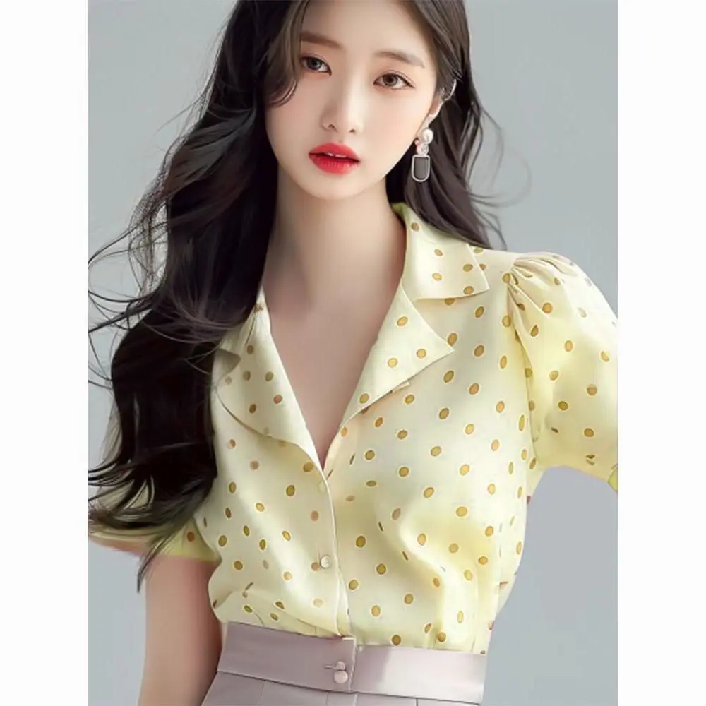 

Women's Short Sleeve Shirt Summer Top Elegant Pink Polka Dot Chiffon
