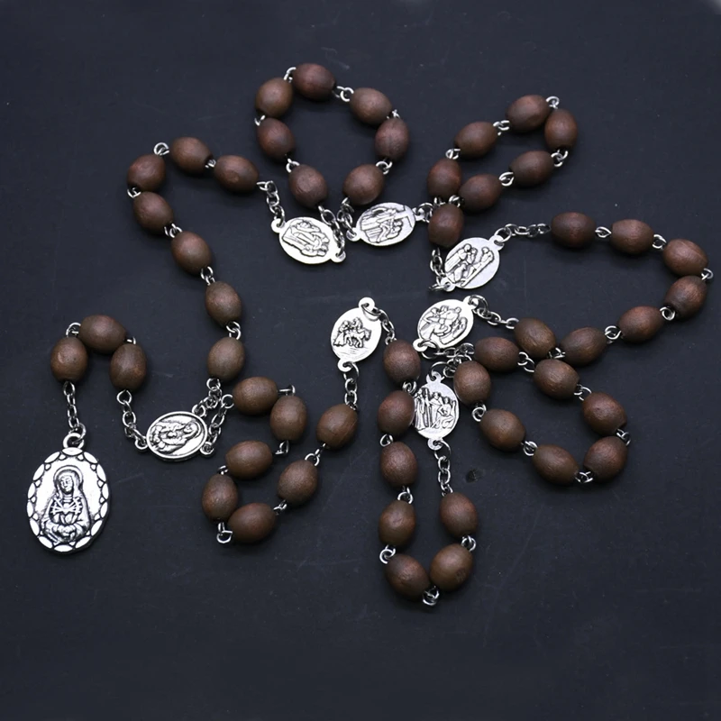 Seven Bitter Necklace Pendant Wooden Beads Virgin Mary Rosary Catholic Religious Pray Jewelry Brown