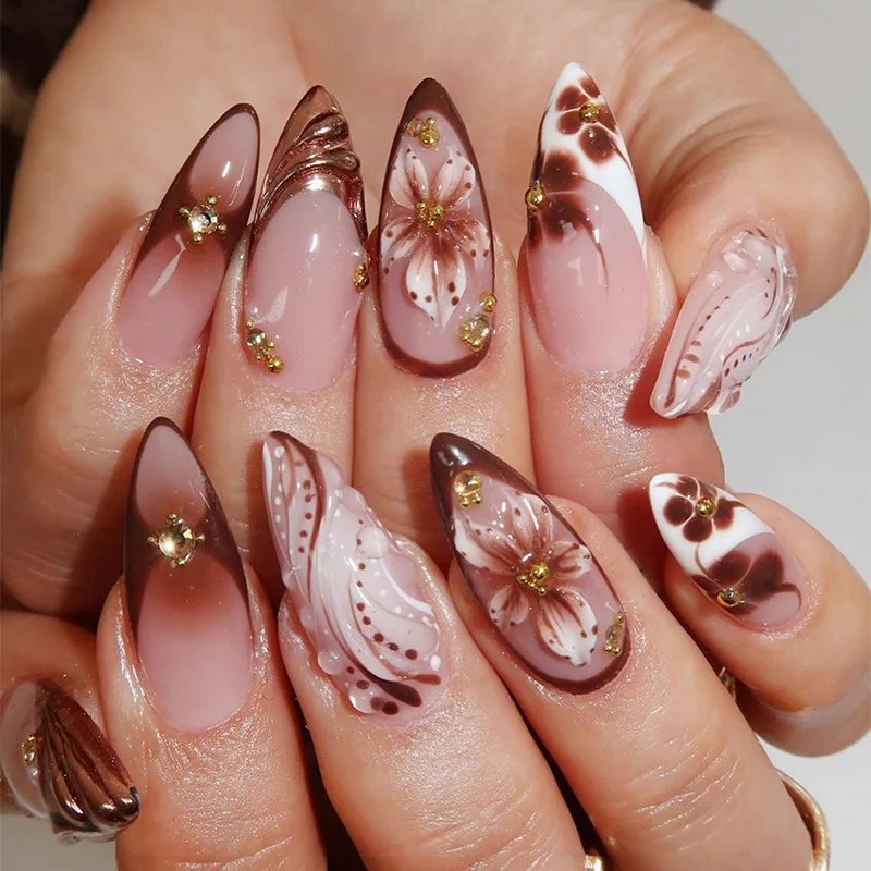 

24Pcs Sweet Cool Press on Nails 3D Sculpture Flowers Stick on Nails Polka Dot French False Nails Medium Almond Fake Nail Tips