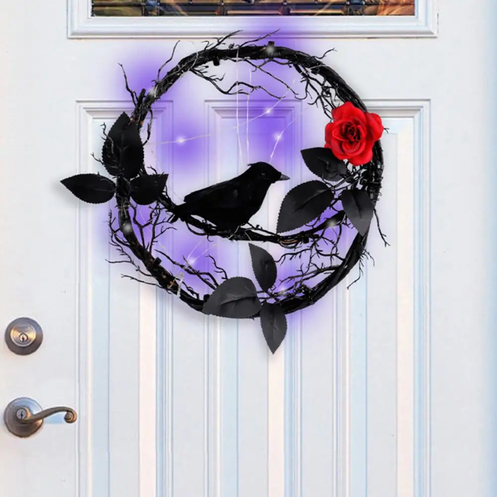 

Mysterious Halloween Decor Glowing Dead Branches Halloween Wreath with Black Crow Garland Rose Battery Operated Glitter for Home