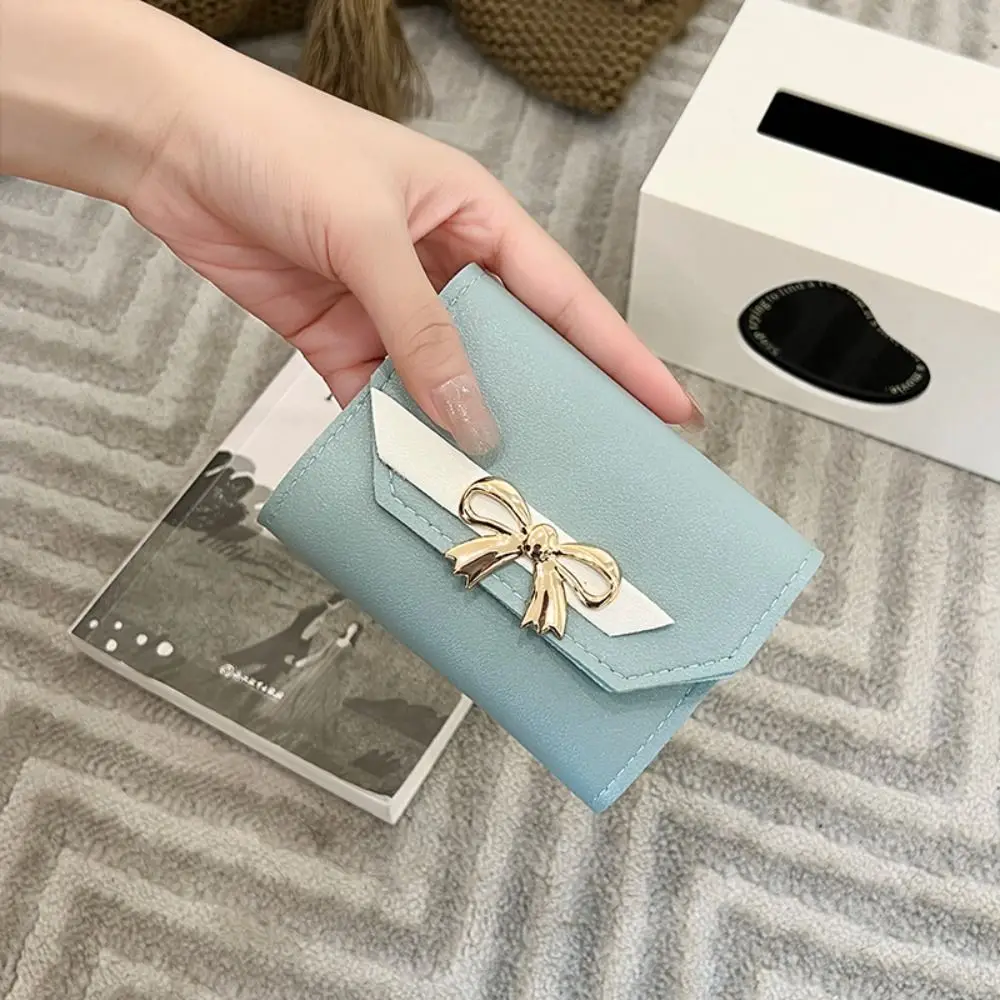 2026 New Bowknot Short 3-Fold Snap Button Women Wallet, Mini PU Leather Small Purse Ladies Coin Card Holder