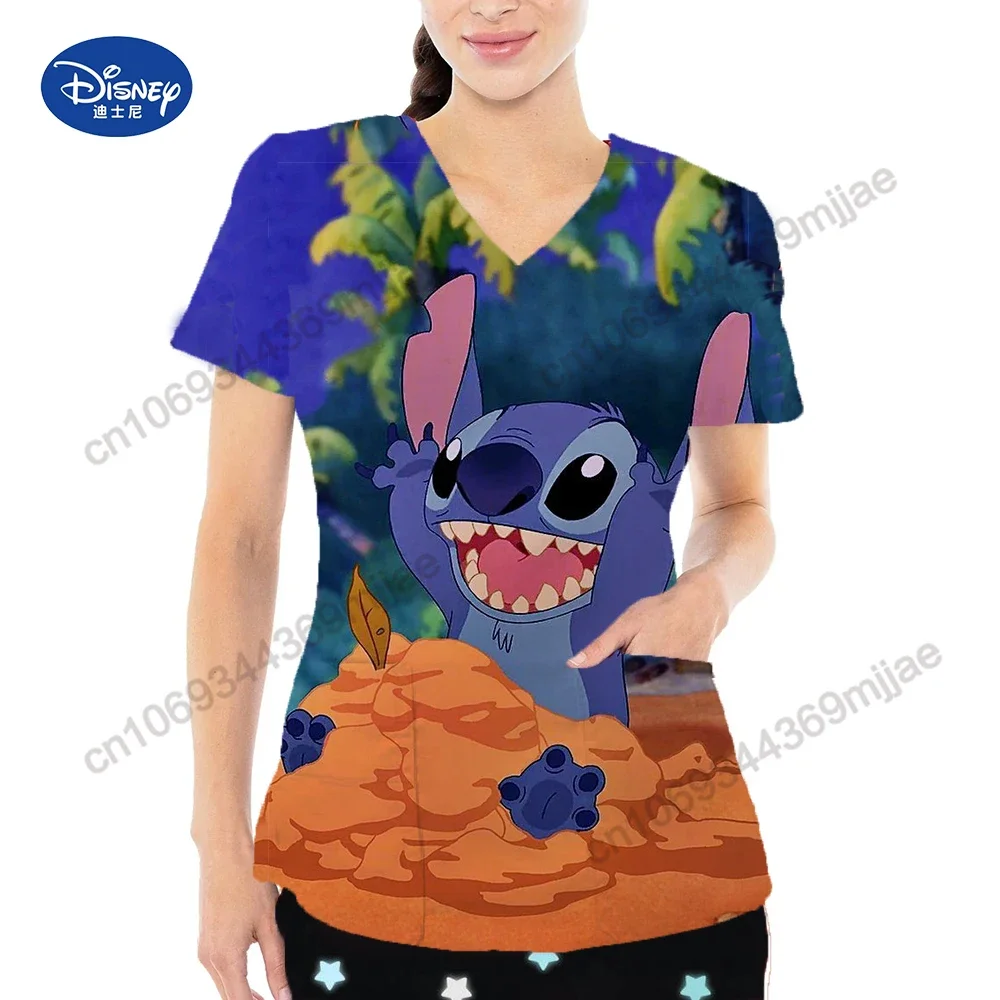 Summer Cartoon Character Printed Women's Top with Large Pocket V-neck Short sleeved Women's T-shirt Comfortable Nurse Uniform