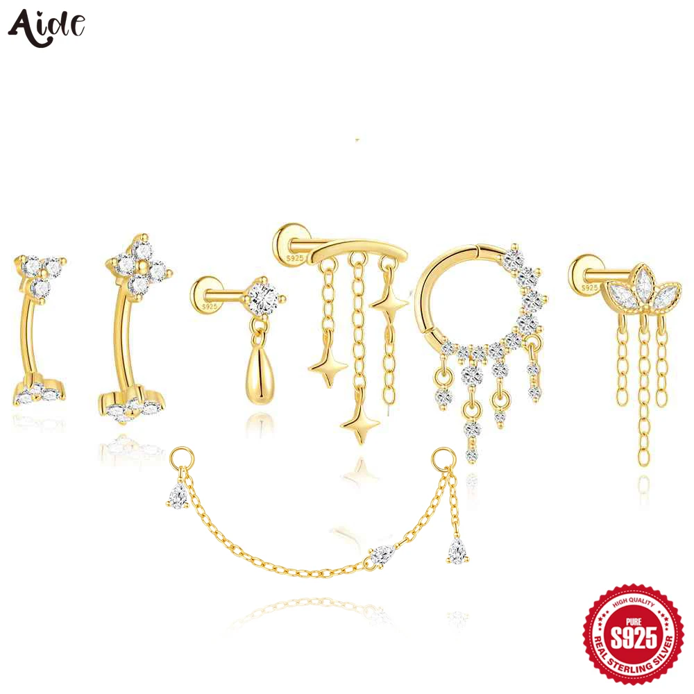 Aide 1PC Zircon Threaded Puncture Ear Bone Nail 925 Sterling Silver Tassel Geometric Flat Back Piercing Earring Simple Navel