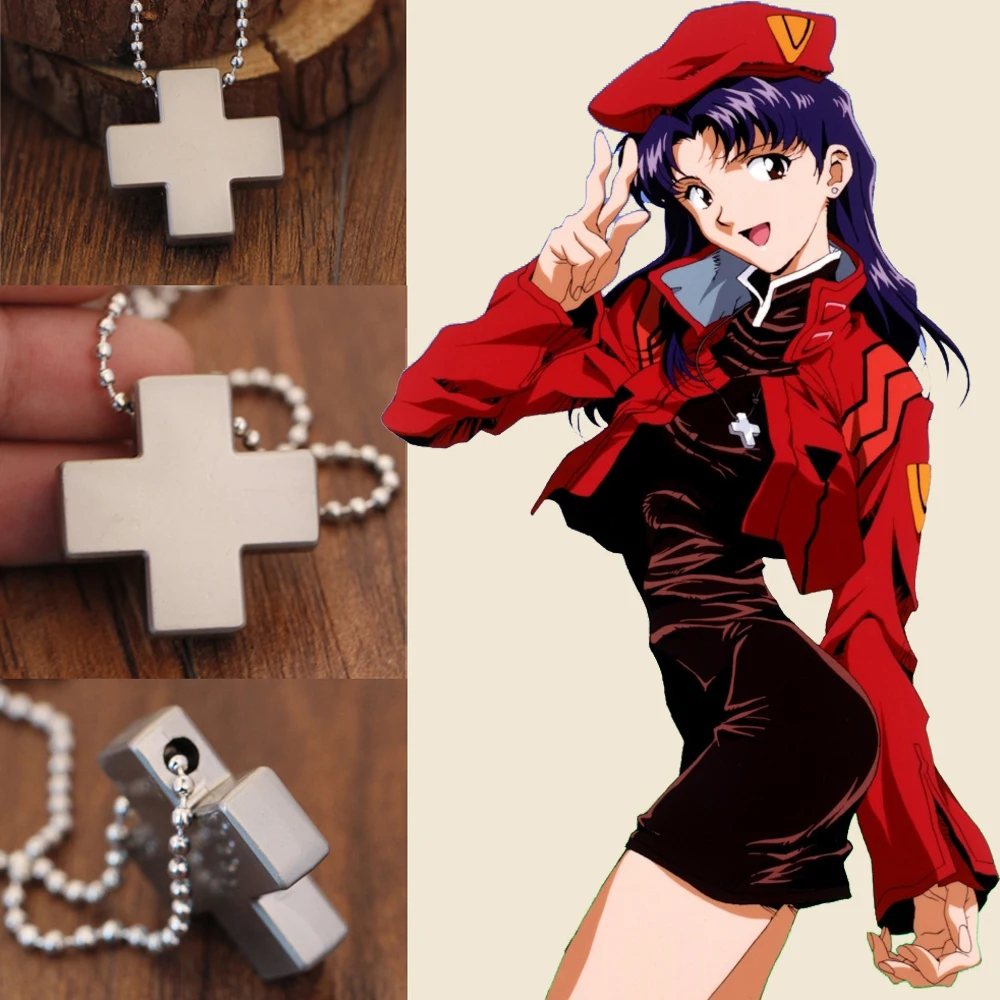 Anime EVA Katsuragi Misato Alloy Cross Pendant Necklace for Women Cosplay Jewelry Beads Chain Charms Amulet Necklaces Dropship