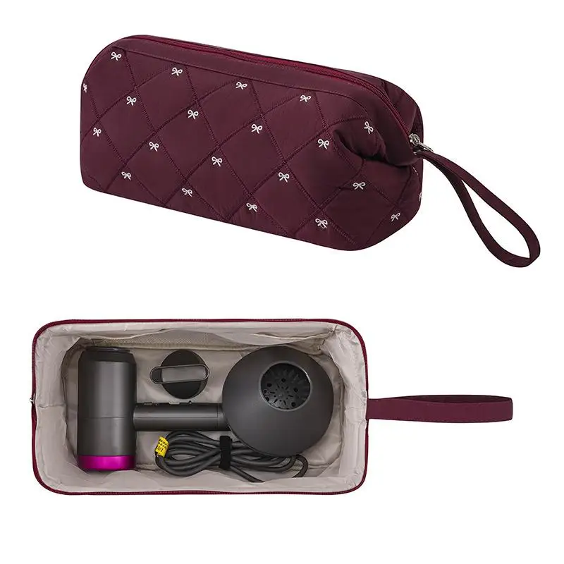 Women Hair Dryer Storage Bag For Travel Cute Bow Embroidery Quilted Hair Tools Waterproof Zipper Cosmetic Bags