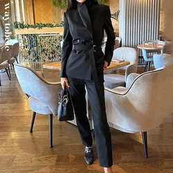 Waytobele Blazer Suit Autumn Women Office Simple Lapel Long Sleeve Double Breasted Button Top Straight Pants Sets Streetwear