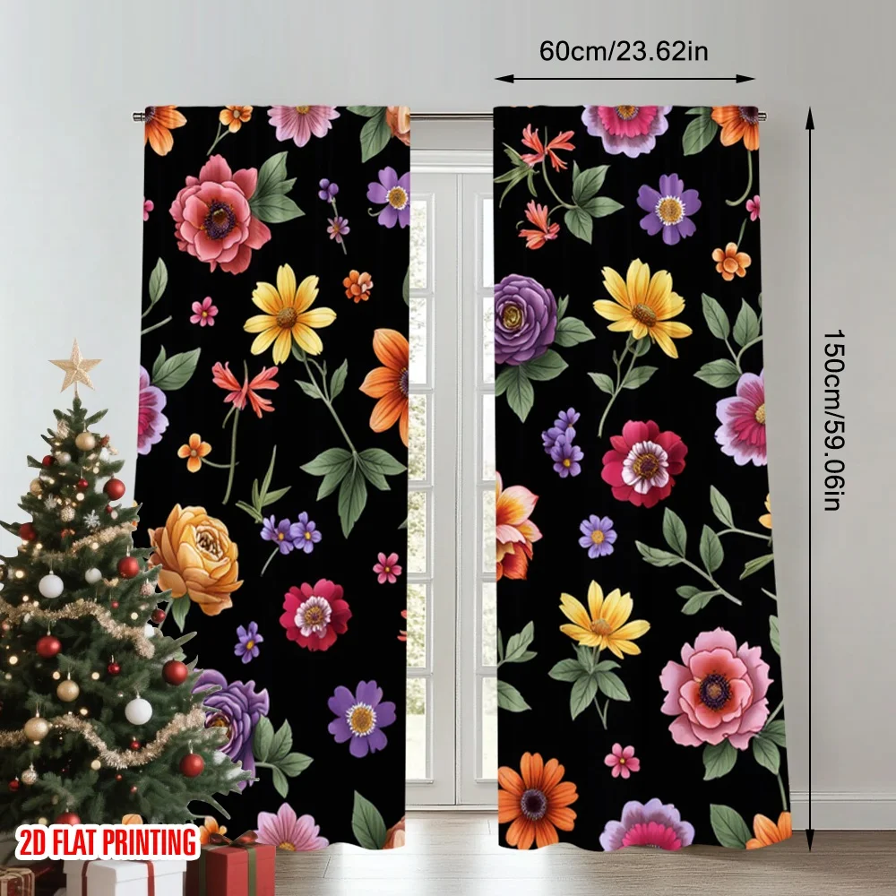2pcs 2D flat printing Window Drapes Vibrant Floral Folk Digital Printed Polyester Drapes Festive Holiday for Festive Portraits