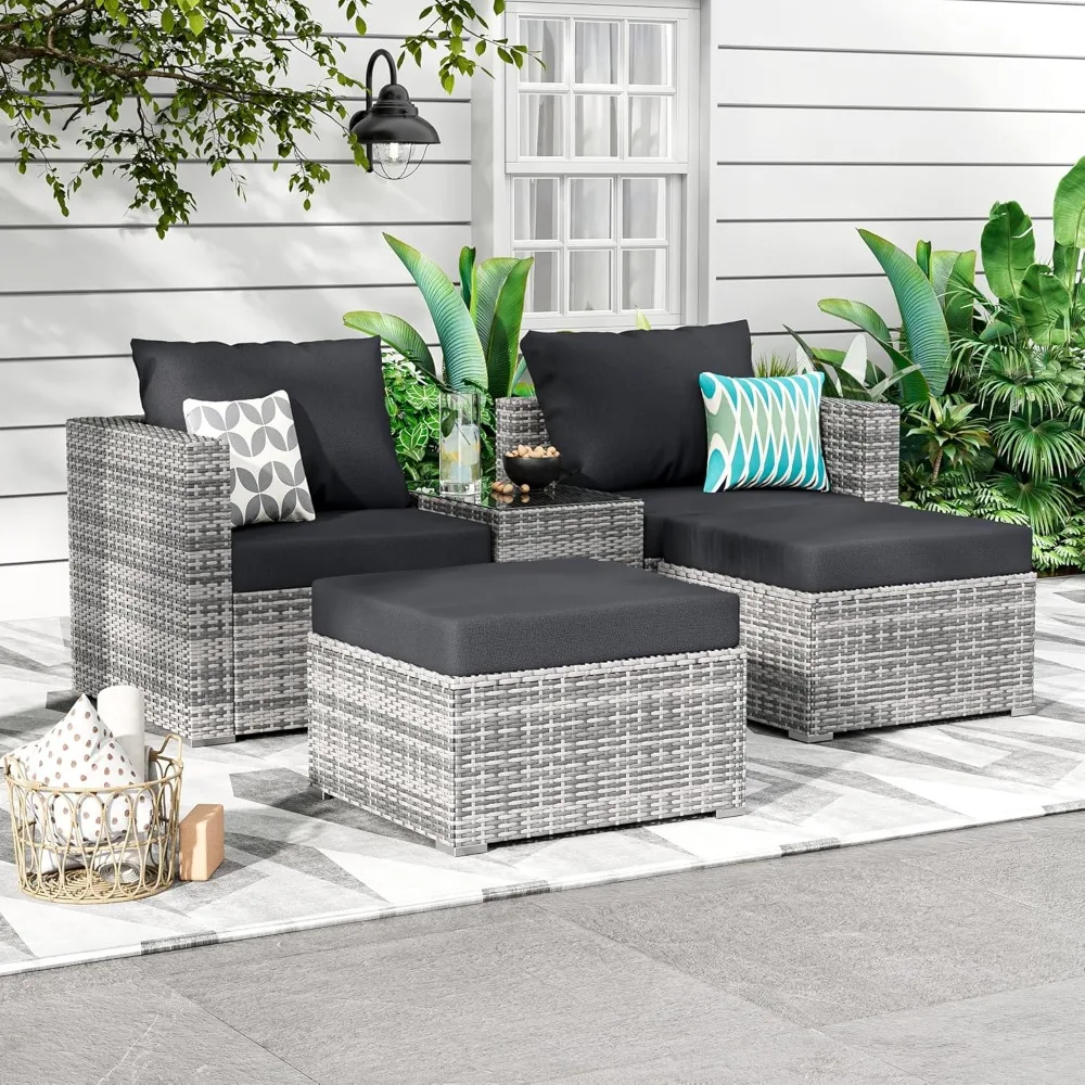 

5 Pieces Outdoor Patio Sectional Furniture Set with Ottomans, Wicker Patio Furniture Conversation Sets Sofa for Backyard Garden