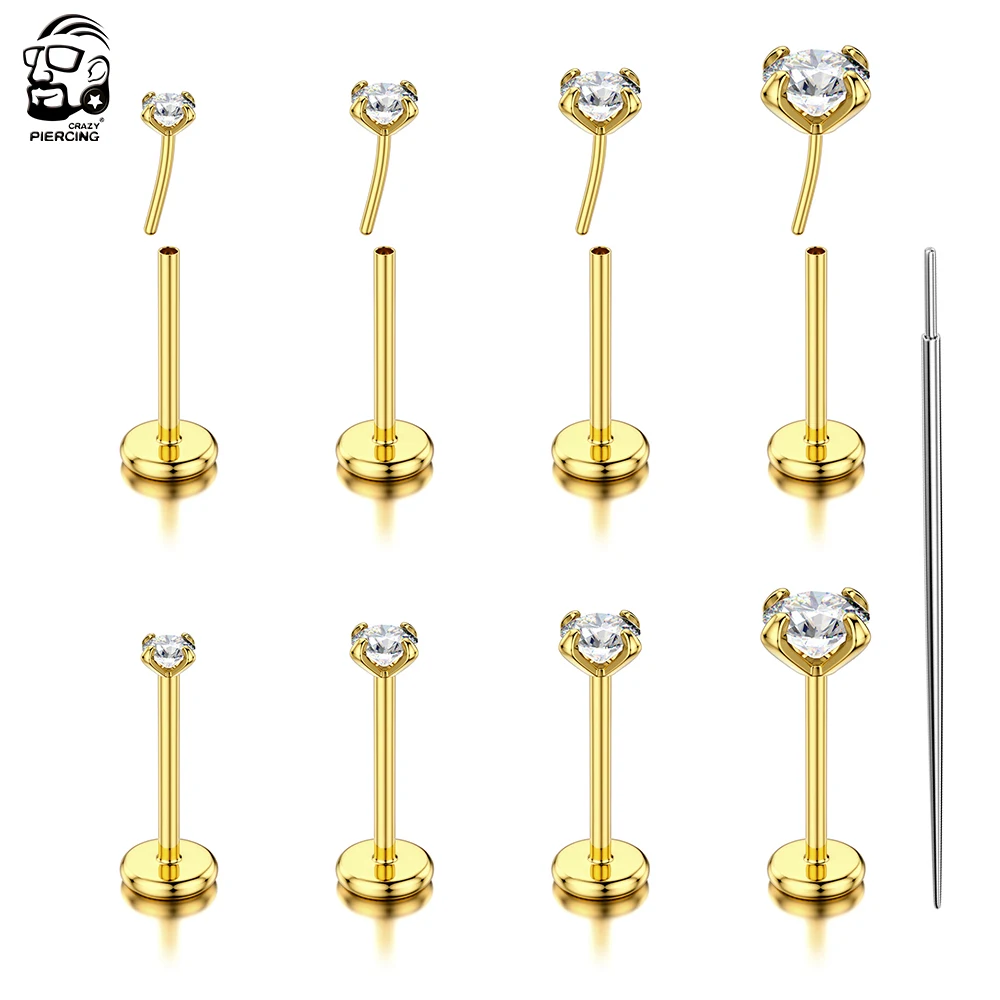 4pcs/lot Stainless Steel Lip Stud Plug In Zircon Labret Piercing Cartilage Earring Ear Helix Tragus Piercing Unscrewed Lip Rings