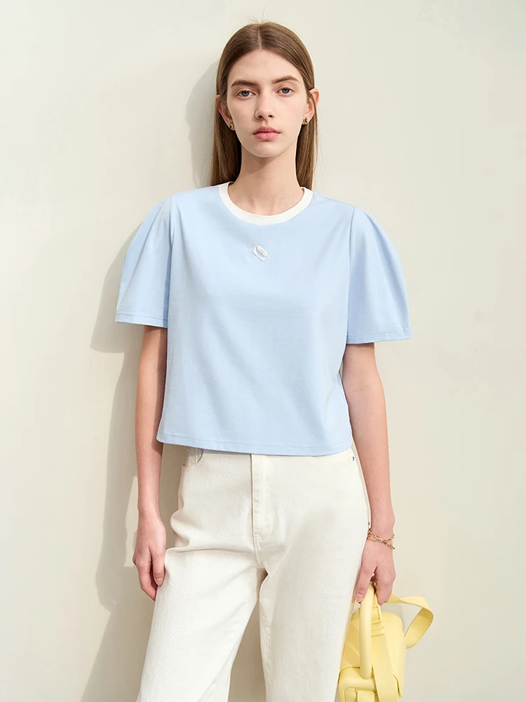 Amii-女性用半袖コットンTシャツ、ラウンドネックレス、半袖、コットン、分割、夏、新しい、12422066