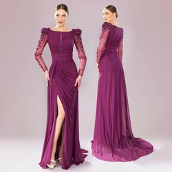 Saud Arabian Evening Dress Chiffon Prom Gown Customized Scoop Neck Full Sleeves Stone Slit Arabic Party Dresses فساتين سهرة