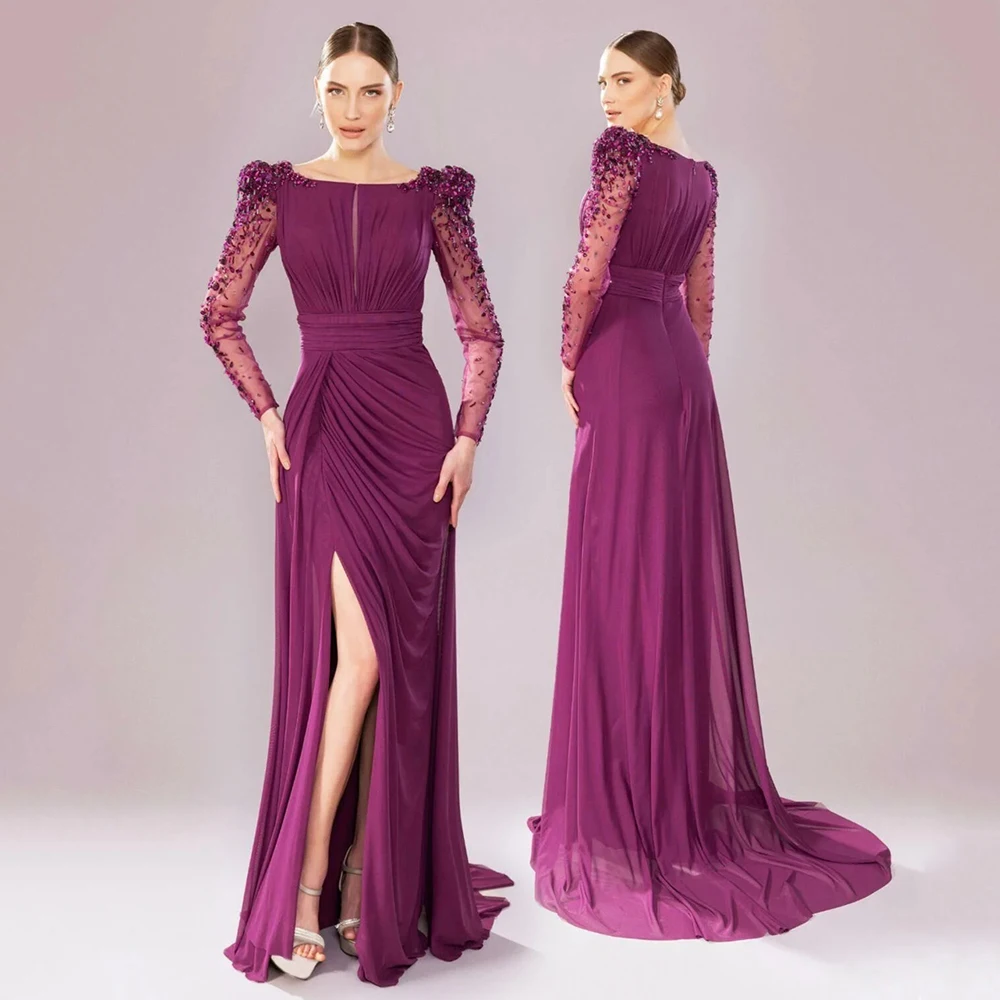 Saud Arabian Evening Dress Chiffon Prom Gown Customized Scoop Neck Full Sleeves Stone Slit Arabic Party Dresses فساتين سهرة