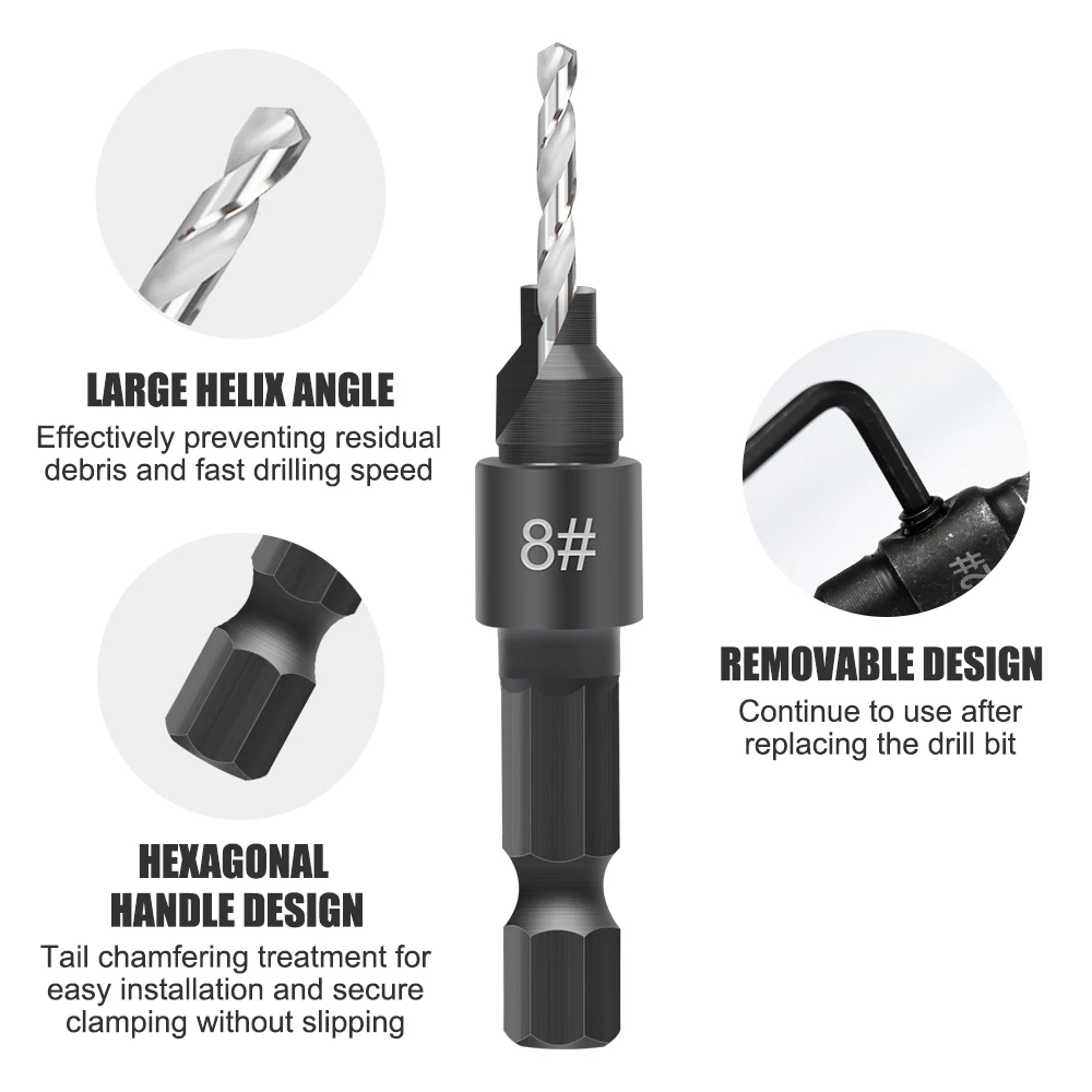 XCAN Juego de brocas avellanadoras de 5 piezas, orificio piloto de perforación de vástago hexagonal de 1/4" con llave en L # 5 # 6 # 8 # 10 # 12 para herramientas de carpintería de bricolaje