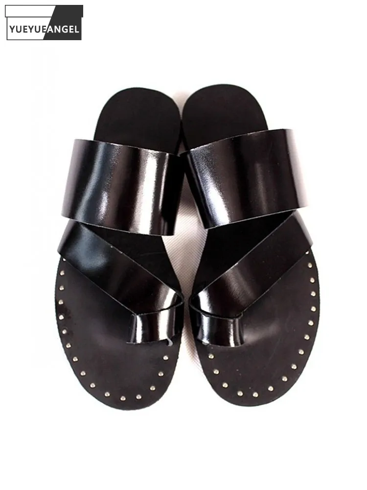 

Модные мужские тапочки ручной работы с заклепками из коровьей кожи, однотонные летние дизайнерские повседневные шлепанцы на плоской подошве с застежкой на носок