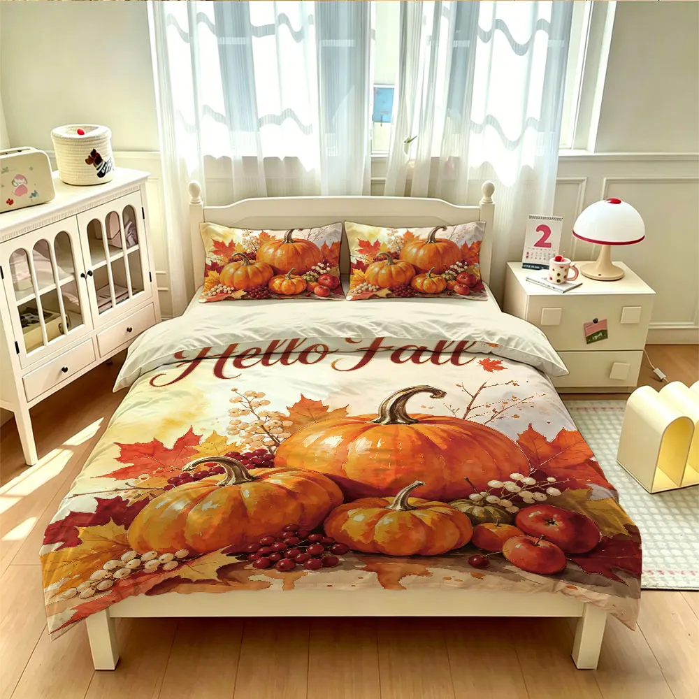 3 Pcs Hello Fall Duvet Cover Set Pumpkin Maple Leaf Print Thanksgiving Cozy Bedding Set for Bedroom Living Room