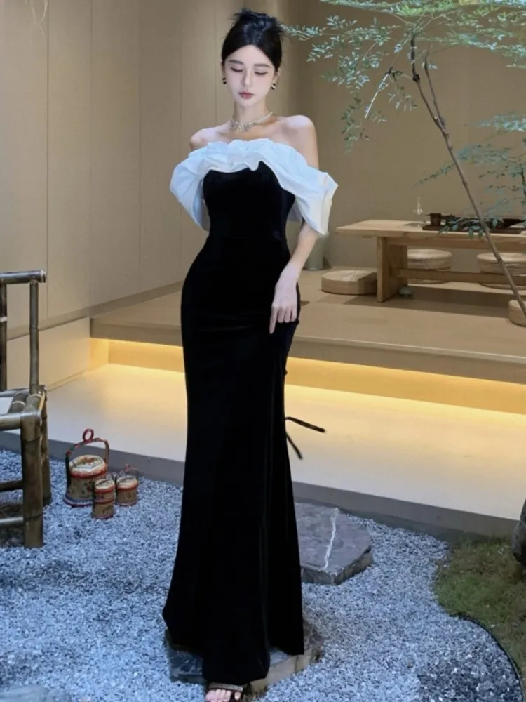 Sexy Bodycon Black Velvet Evening Party Dress Slash Neck Slim Mermaid Long Dresses for Women Prom Robe Wedding Vestidos Mujer