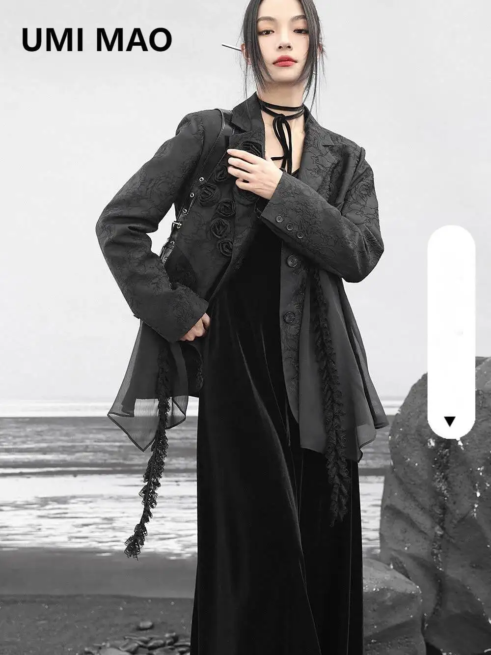 UMI MAO Three-dimensional Rose Blazers Short Jacket Women Spring Dark Niche Artistic Splicing Chiffon Coat Y2K Casacos Feminino