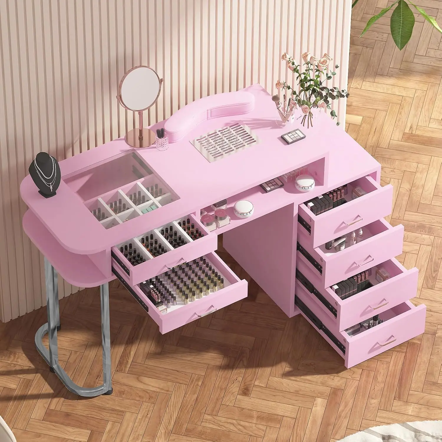 

Nail art table Pink table Tattoo embroidery workbench polish glue storage Integrated table