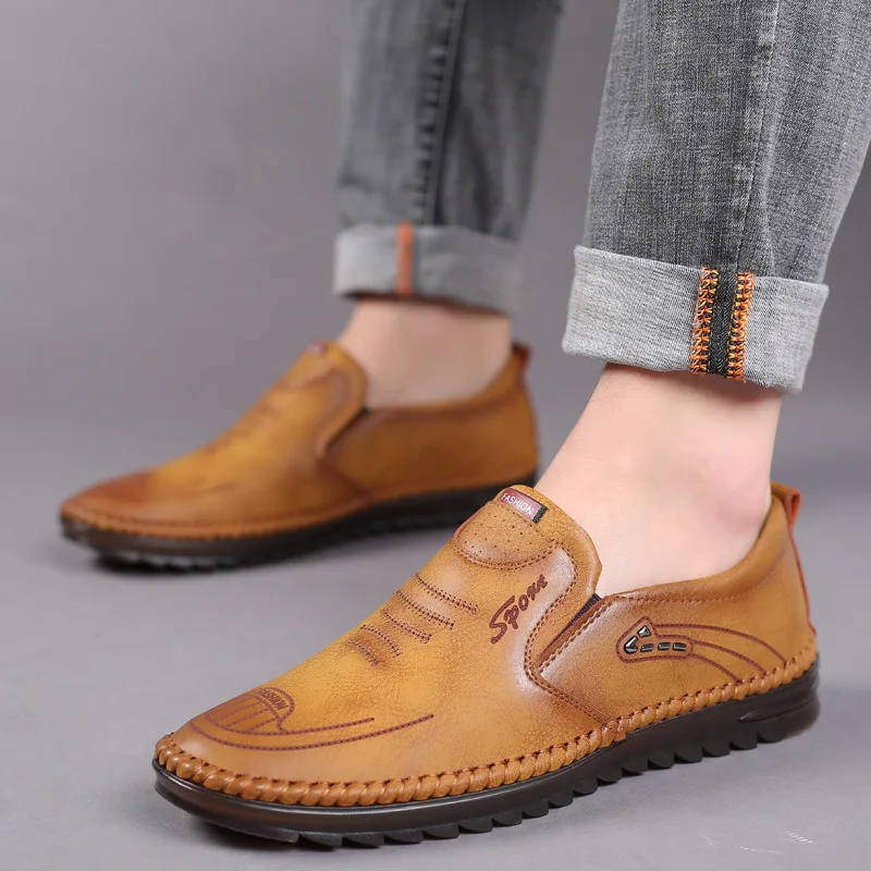 

2023 Spring New Men's Soft Leather Soft Bottom Flat Heel Casual Men's Shoes Non-slip Slip-on Mens Loafers Men Leather Shoes