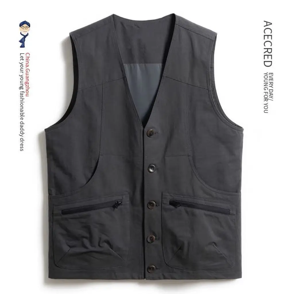 

High-End Men's Loose Cotton Vest Jaet Multi-ket Midlife Dad Vest Spring Autumn New Sle Busin Gentleman V-Ne Singl...