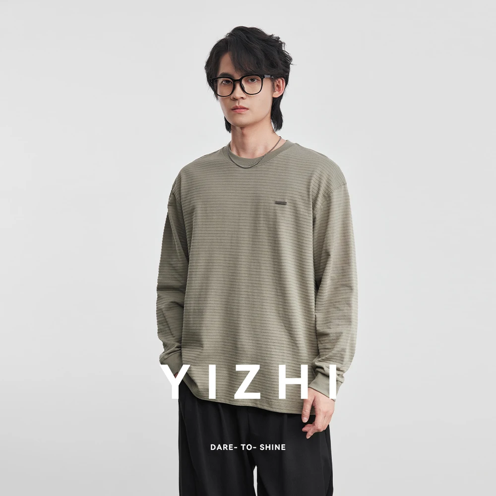 

Мужская минималистичная футболка с длинным рукавом, фактурная, в полоску, с круглым вырезом, базовая, весна 2026, новая, свободный крой, пуловер, топ