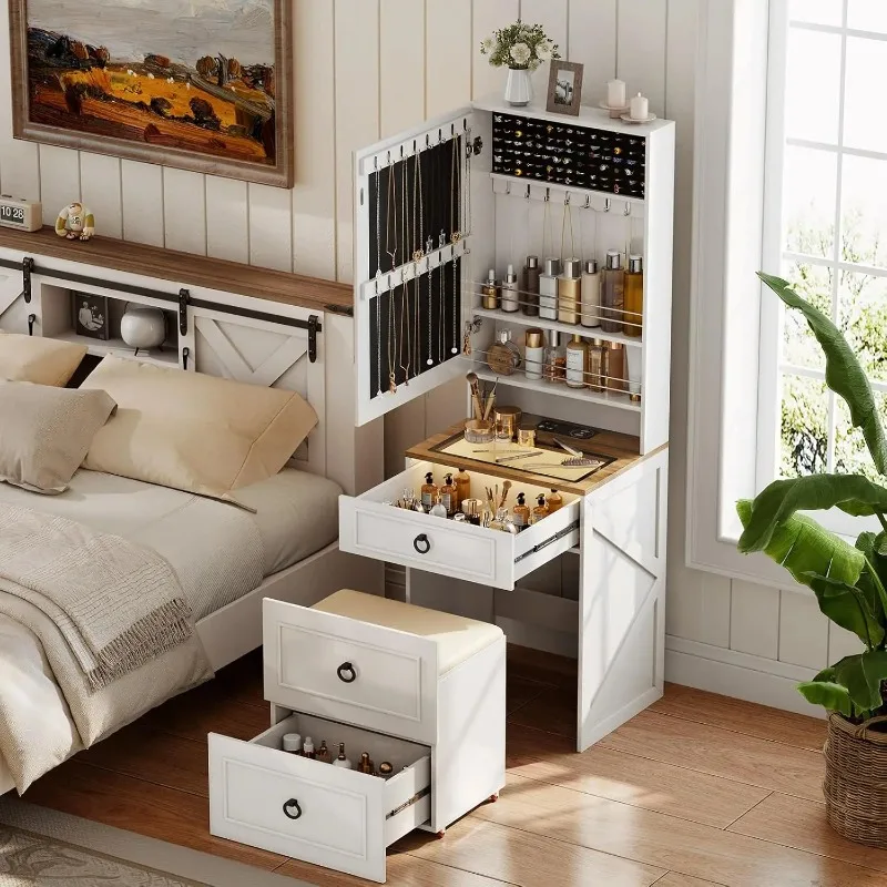 NEW Makeup Vanity Desk with Mirror and Lights,Small Vanity Desk Set with Charging Station,Compact Dressing Table, White
