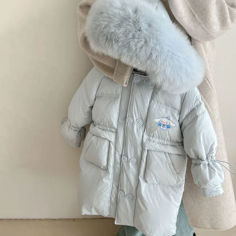 Sanrios Kuromi Cinnamoroll dziewczyna bawełniana ocieplana kurtka Hello Kitty futrzane parki z kapturem gruby dziecięcy ciepły płaszcz zimowe ubrania Snowsuit