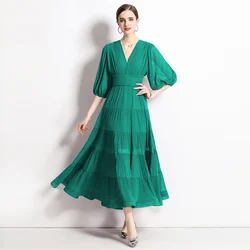 New Arrival Elegant Summer Green High Waist Pleated Dress Vintage Women V Neck Puff Sleeve Chiffon Draped Big Swing Long Vestido