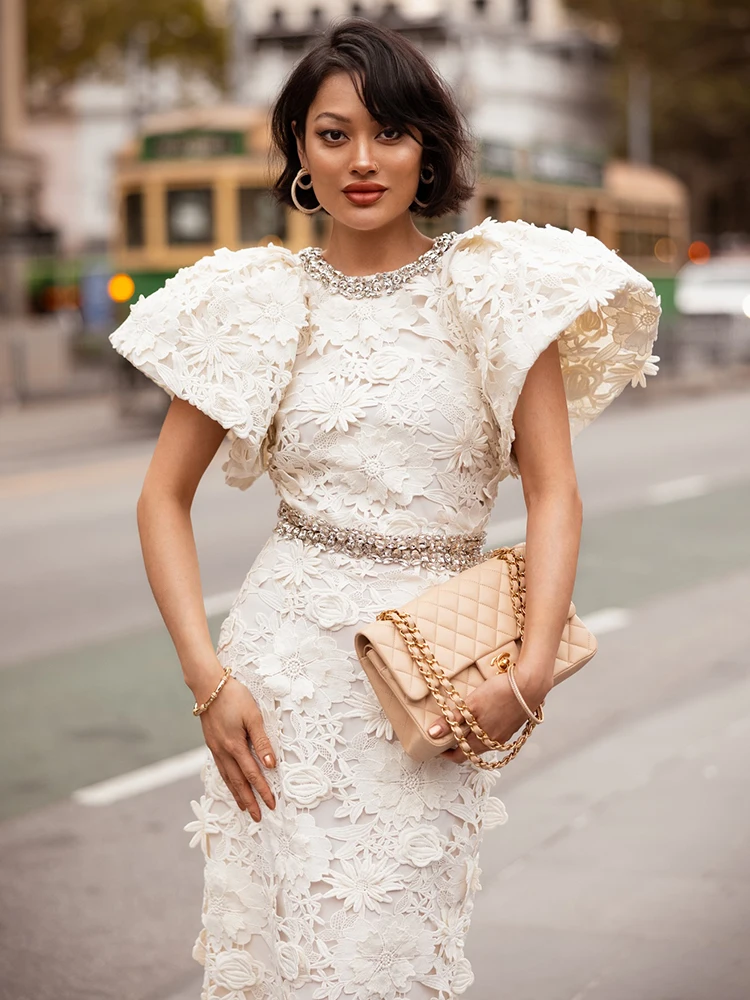 Cream 3D Floral Cutwork Lace 2 Piece Set Puff Cap Sleeve Crystal Rhinestone Trim Column Evening Suit Wedding Guest Bridal Set