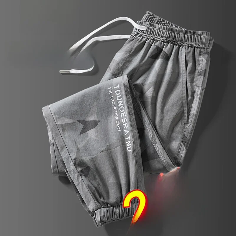 

Камуфляжные спортивные брюки из ледяного шелка, мужские летние брюки Qui Dry, свободные, тонкие, молодежные брюки с девятью очками на талии