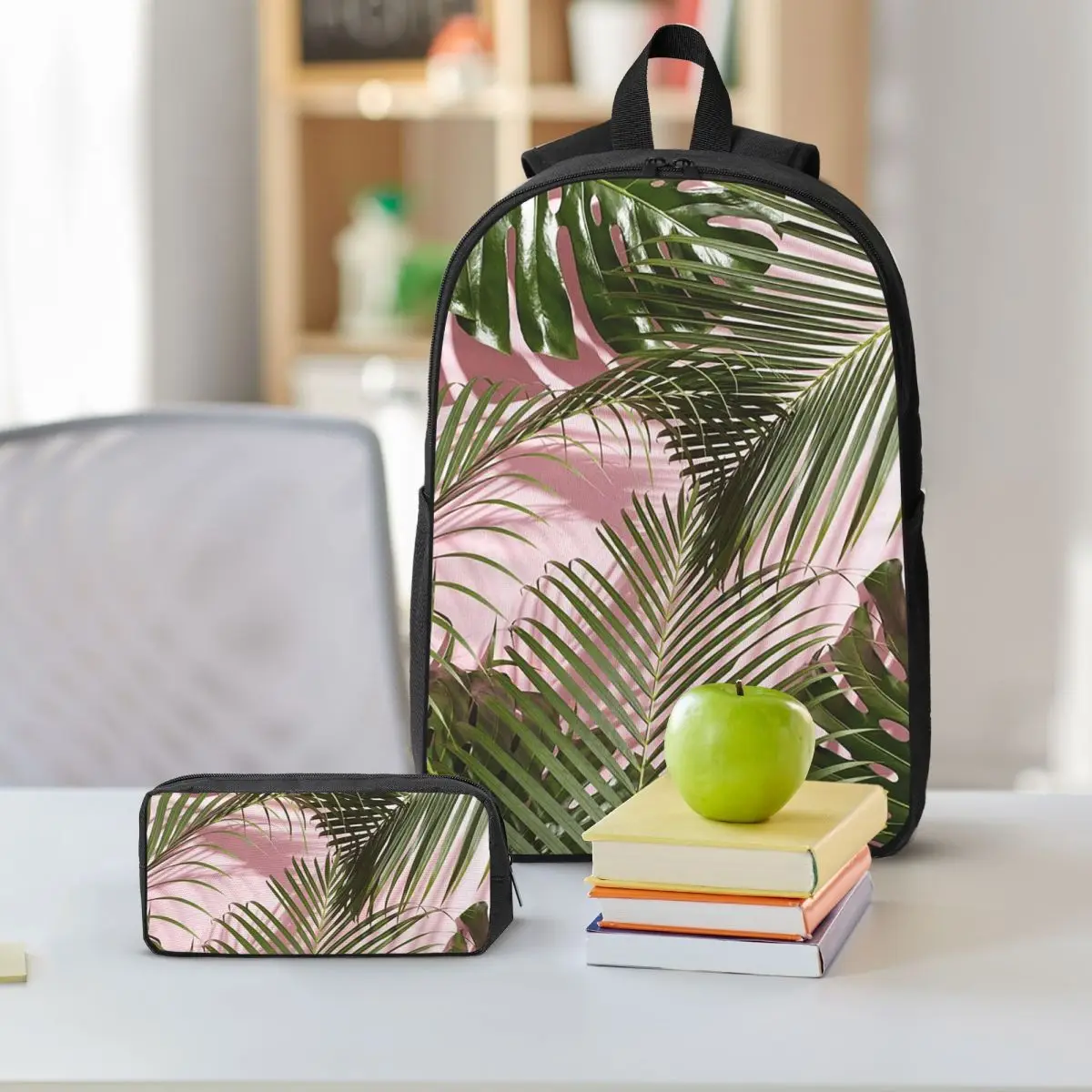Tropical Palm Leaves Foliage Backpack Student BookBag School Bag Shoulder Bags 3ps Insulated Lunch Bag Pencil Case