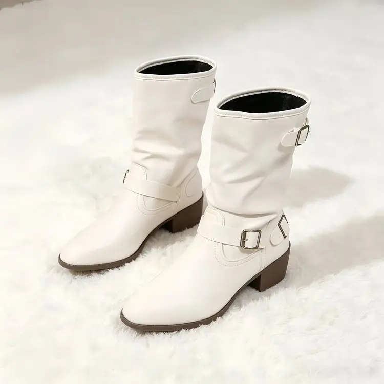 Weiße Westernstiefel mit Mehrfach-Schnallen, Rundem Zehenbereich und Blockabsatz für Damen – Detail 1
