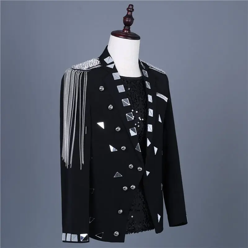 Men Mirror Chain Tassel Blazer Jacket Male Clothes White Black Coat Singer Host Bar Nightclub Performance Stage Costume