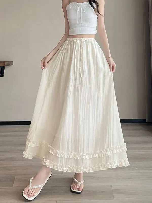 Summer Thin High Waist Slim Pure Color Belted Maxi Skirt Women's 2026 New Double Layer Wood Grain Half Skirt