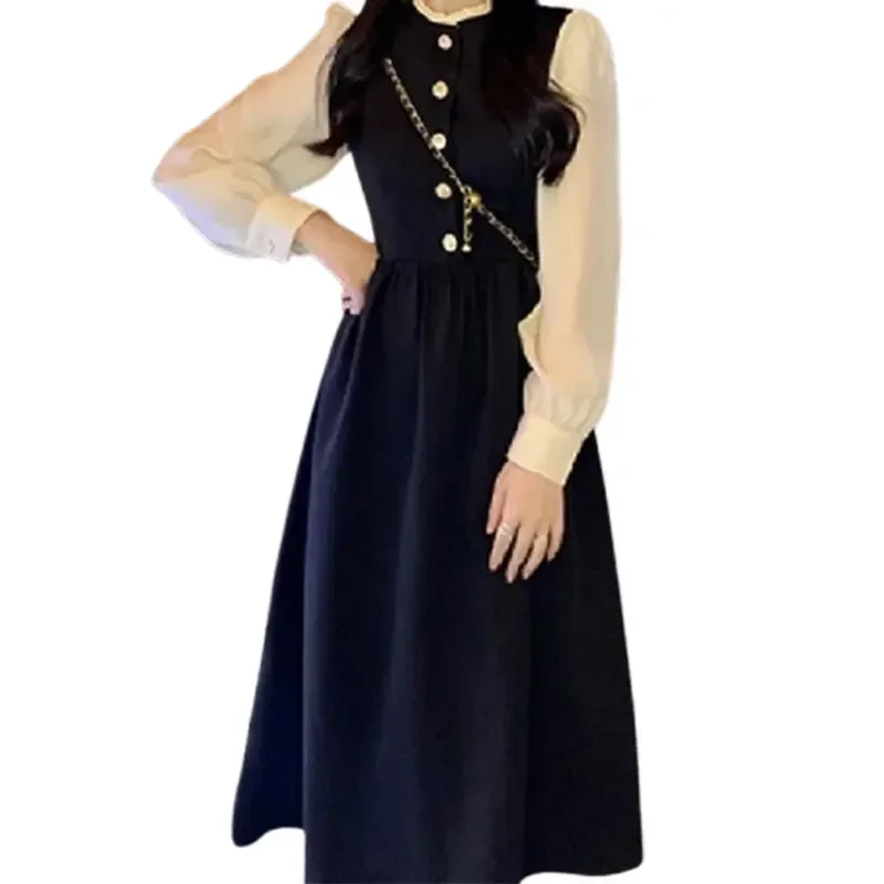 

Pop Patchwork High Waist Long Sleeve Pullover Dress Elegant Fashion Harajuku All Match Female Clothes Loose Casual A-line Skirt