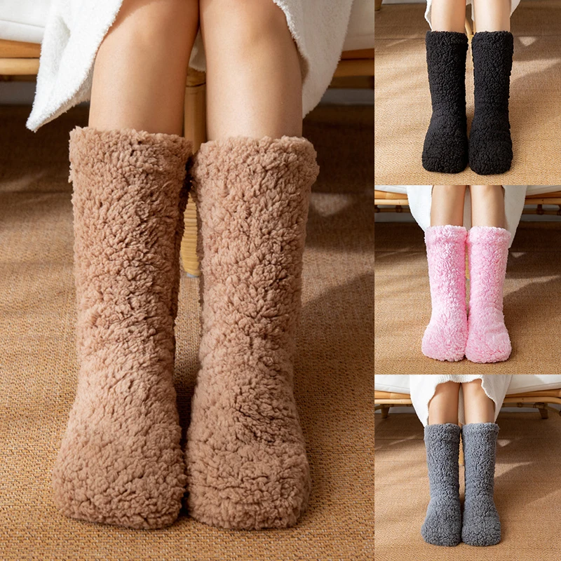 

Autumn Winter Socks Cashmere Thickened Thermal Floor Socks for Women Solid Color Velvet Carpet Sleep Socks Slippers Leg Cover